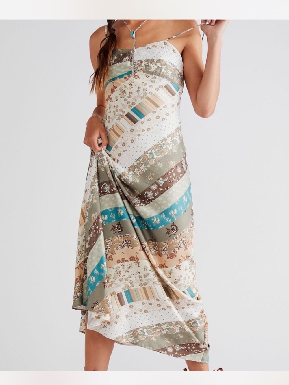 Free People Fiona Maxi Bodycon Dress Confetti Rainbow stripe floral sand/taupe S